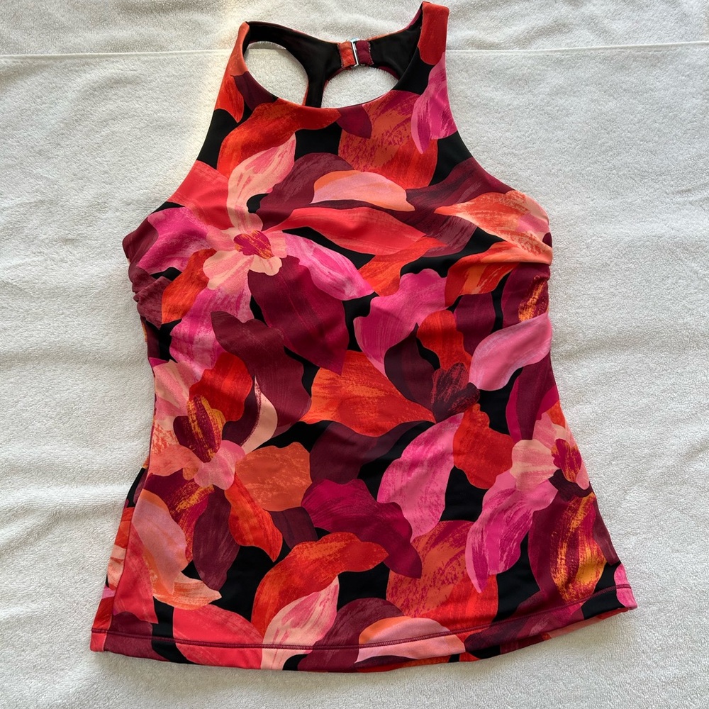 Athleta Floral High-Neck Swim Tank in Pink, Red & Black